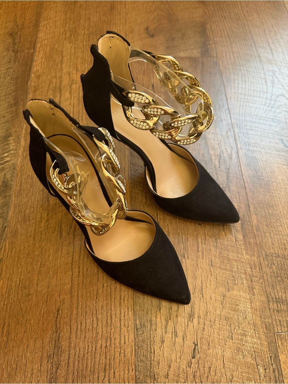 Mix No. 6 Black Pointed Heels with Gold Chain Ankle Accent